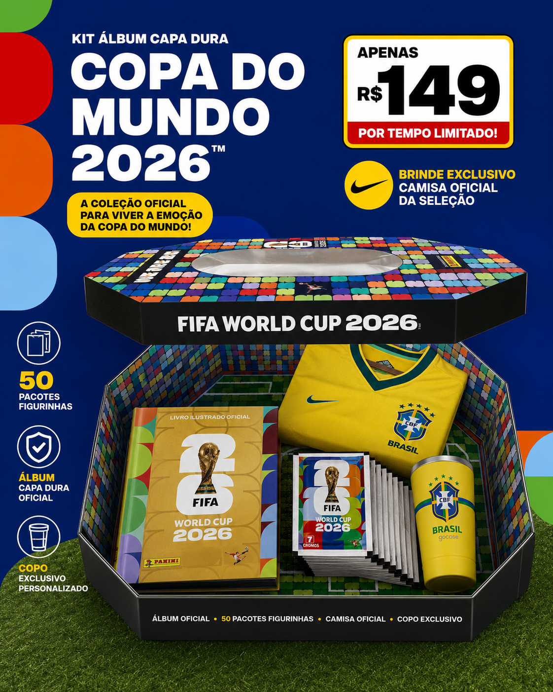 Kit Torcedor Oficial Copa 2026 - Álbum Capa dura + 50 Pacotes de Figurinhas + Brindes